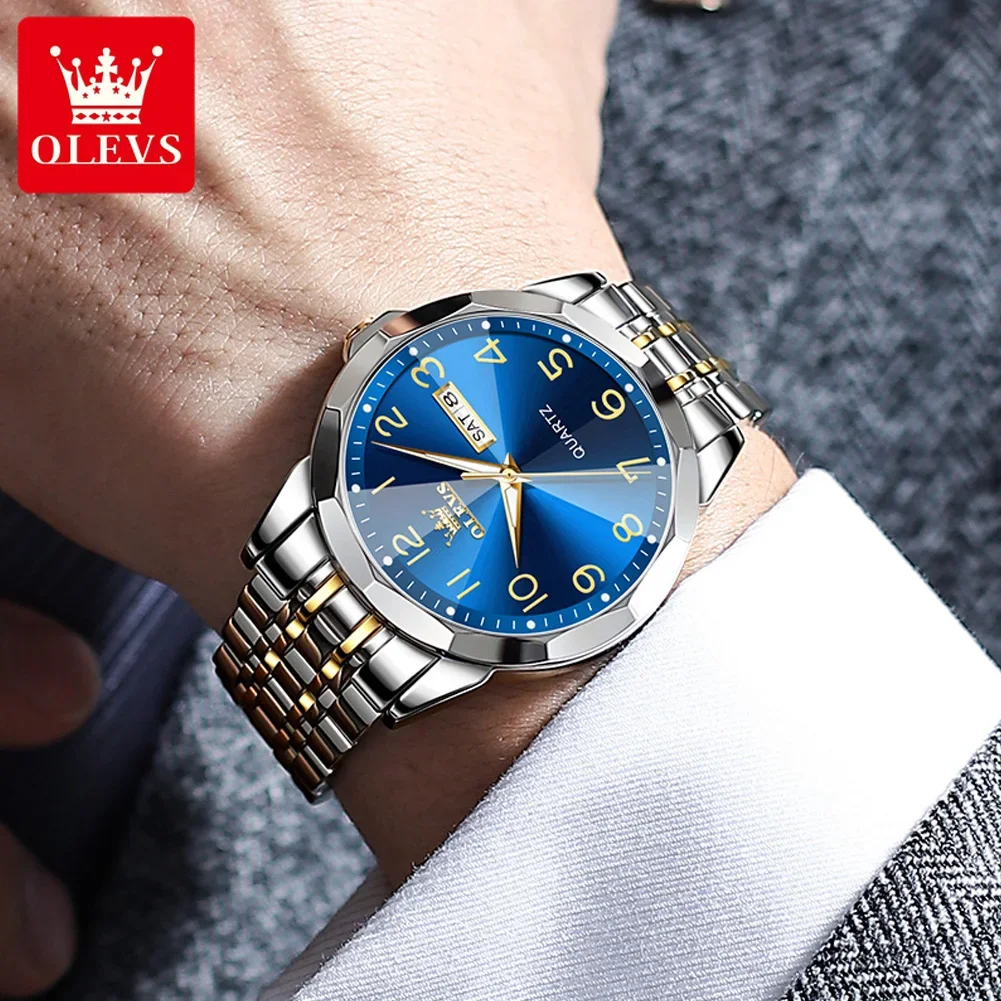 OLEVS 9970 Quartz Business Watch For Men, Waterproof Stainless Steel Strap Men Wristwatches Calendar Week Display