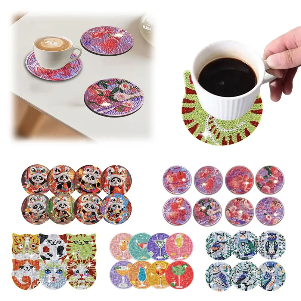 8PCS/6PCS With Stand DIY Painting Coasters Entry-level Handmade Round Art Coasters Table Protector Simple Diamond Coaster Kit