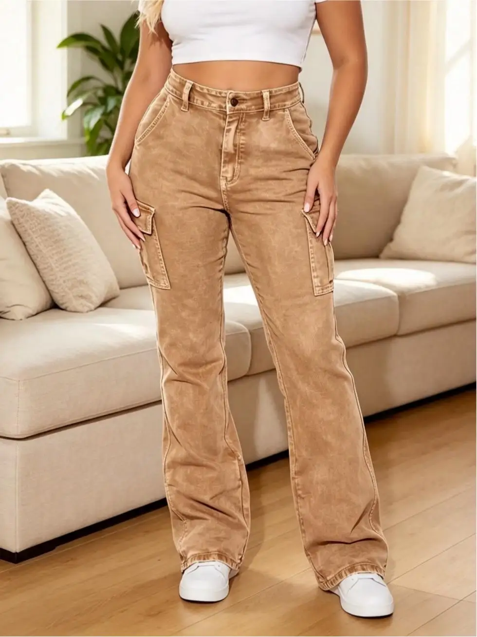 【HME】Jeans | High‑Rise Flare Leg Denim Pants For Women, Khaki Cargo Denim Jeans With Side & Back Patch Pockets, Figure‑Flattering Silhouette, Fashion Street‑Style Pants For Daily Wear