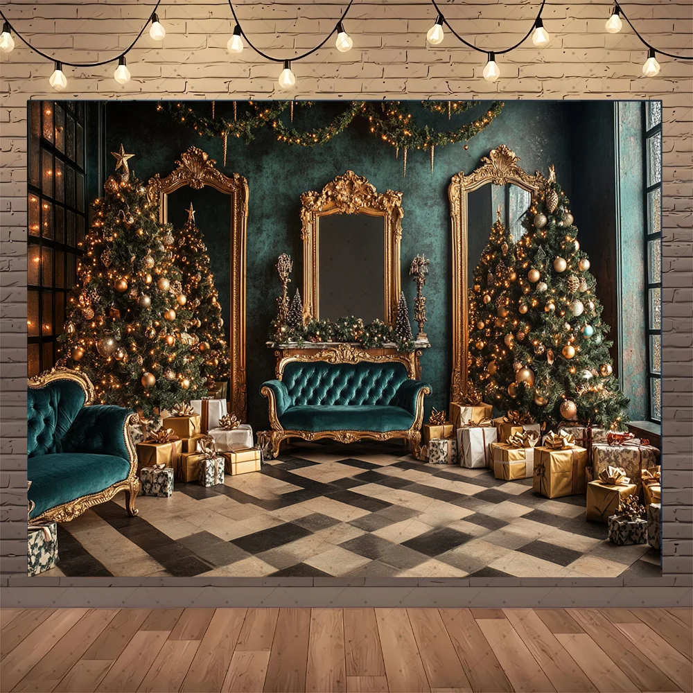 

Christmas tree and fireplace scene background, suitable for holiday photos and decorations, universal polyester banners