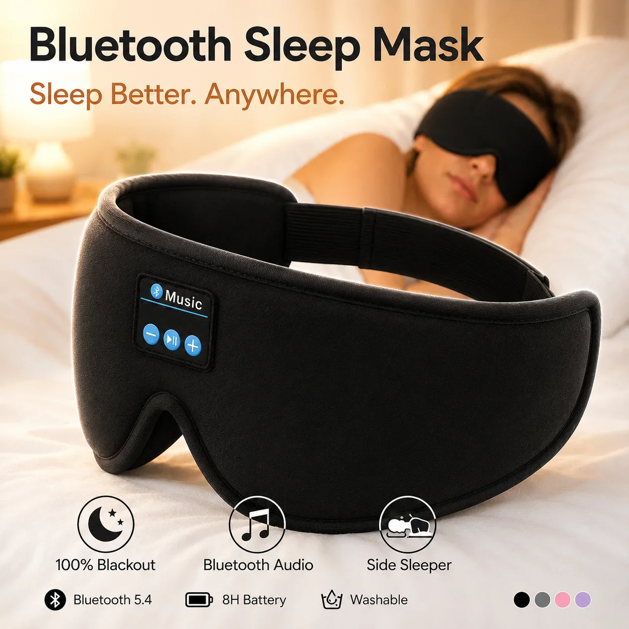 Wireless Sleep Headphones Eye Mask, 3D Contoured Light Blocking Mask with Mic for Side Sleepers Bluetooth 5.0 Sleep Mask