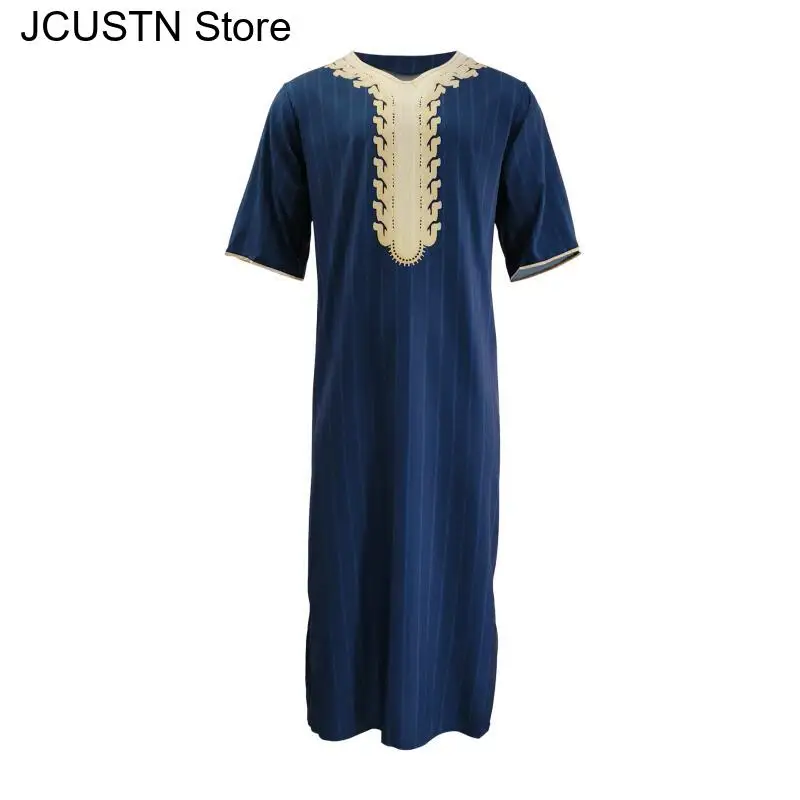 Мусульманский мужской халат с короткими рукавами размера плюс 3Xl 4Xl, исламский кафтан с принтом, мужская одежда, свободный дышащий кафтан Джеллаба Абая Тобе