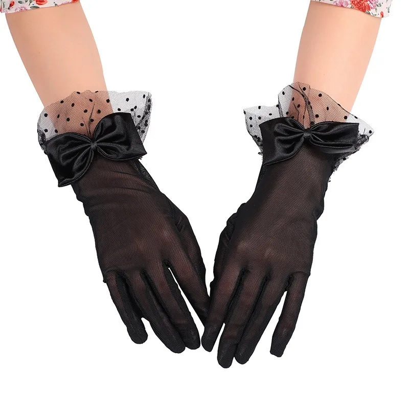 Women Black Summer Uv-proof Driving Gloves Mesh Fishnet Gloves Bride Chiffon Lace Mittens Full Finger Girls Lace Fashion Gloves
