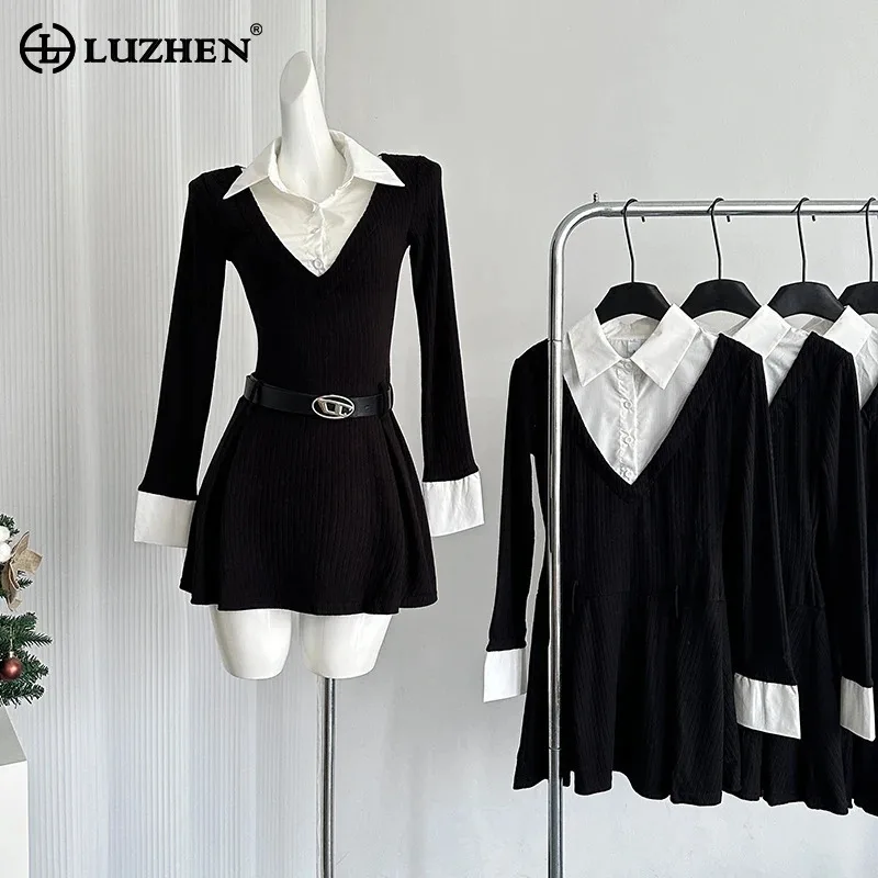 LUZHEN Mode Elegante Abnehmen Shirts Kleider Gefälschte Zwei Stück frauen 2024 Herbst Neue Original Nische Design Gürtel Kleid AA1442