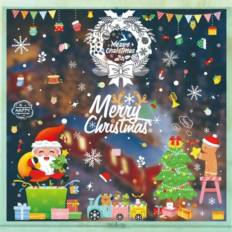 (4/9 Sheets Snowman Reindeer Santa Claus Christmas Tree Static Cling Decals Merry Christmas Decoration Window Stickers For Home