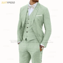 Traje de lino de 3 piezas para hombre, esmoquin informal ajustado, chaqueta clásica de verano, chaleco y pantalones, conjunto Formal para baile de graduación, boda y negocios, 2023