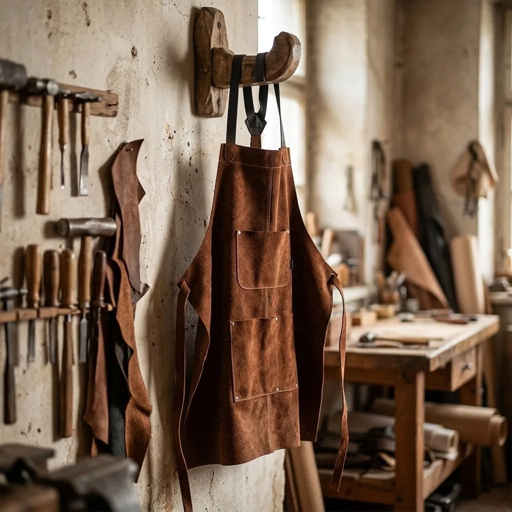 /Brown /Split /Cowhide Leather BBQ Apron Heat Resistant Spark Proof With Storage Pocket For Outdoor Camping Barbecue Cooking Too