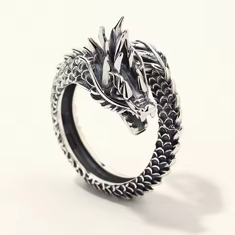 Hot Sell Thai Silver Vintage Fashion Gothic Punk Ancient Dragon Men Jewelry Opening Ring Boyfriend Gift Party