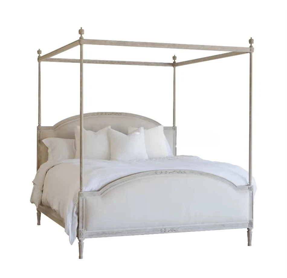 

* Solid Wood Bedroom Furniture in French Countryside Style Contemporary Design Canopy Bed in White Linen Weathered White Finish