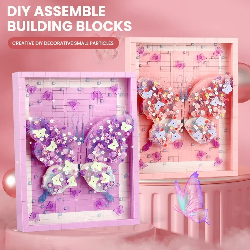 Diy sonhador fluindo borboleta blocos de construção flor com moldura foto crianças brinquedos colorido tijolo montagem modelo menina presentes aniversário
