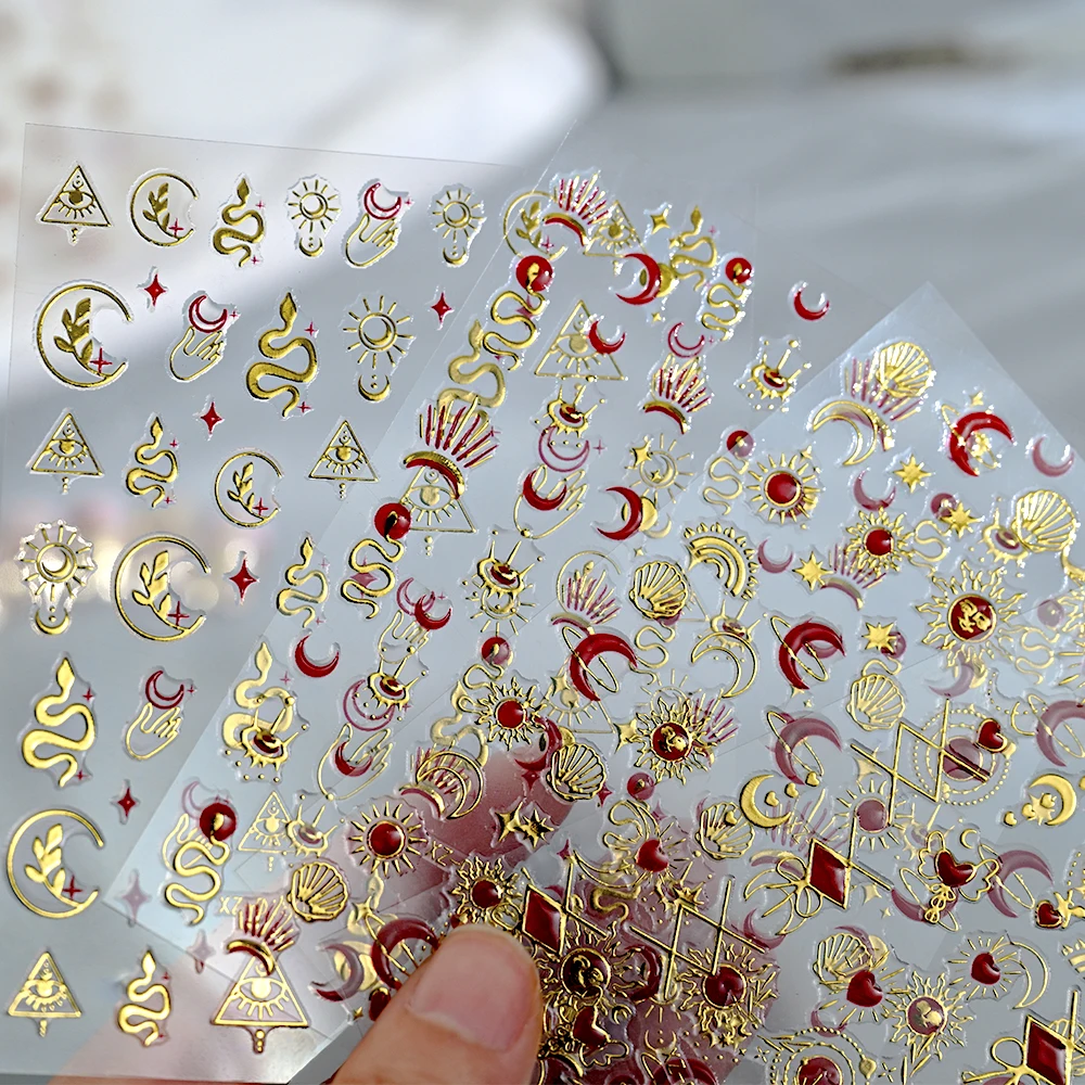 1Pc Red Gem Love Heart Nail Art Sticker Gold Sun Moon Star Adhesive Decals Y2K Holographic Starlight Sliders Manicure Decoration