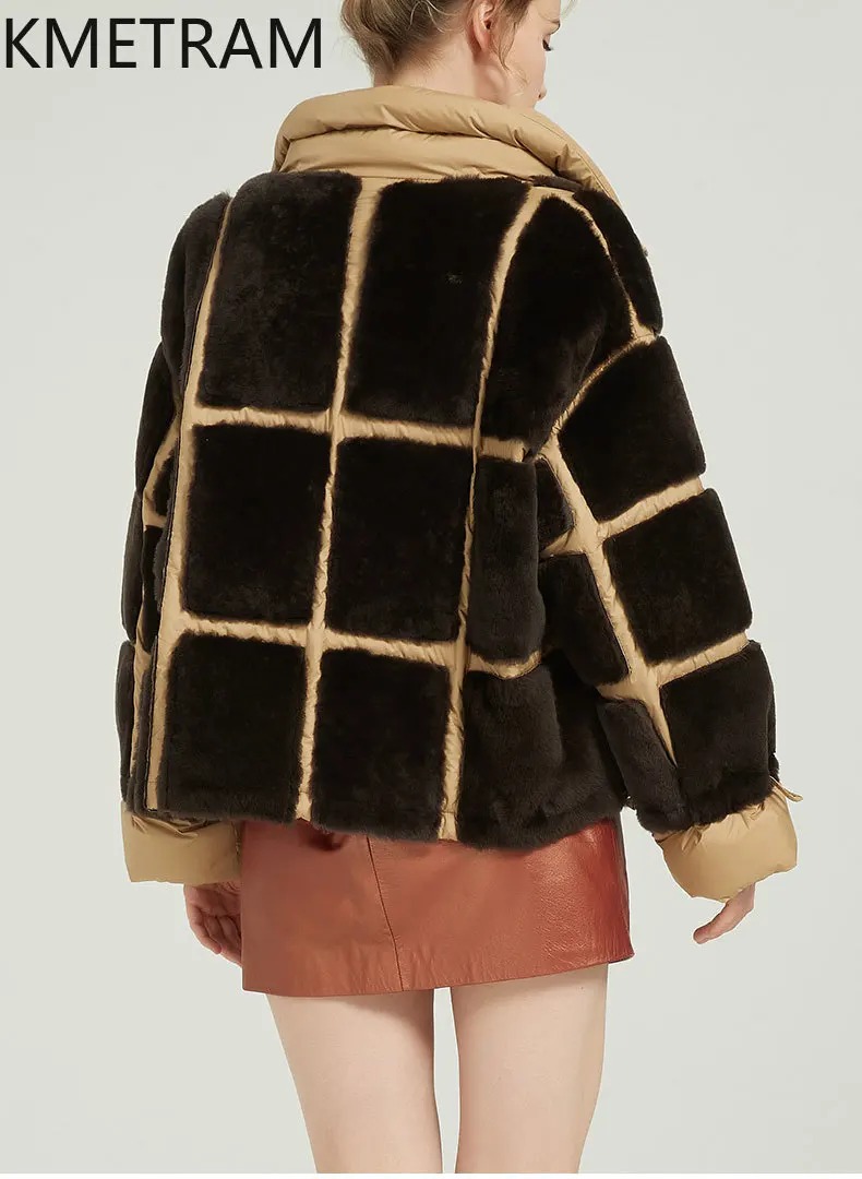 KMETRAM 100% pelle di pecora naturale giacca di pelliccia di lana colletto alla coreana di colore a contrasto addensare donna 2025 abbigliamento invernale donna шуба