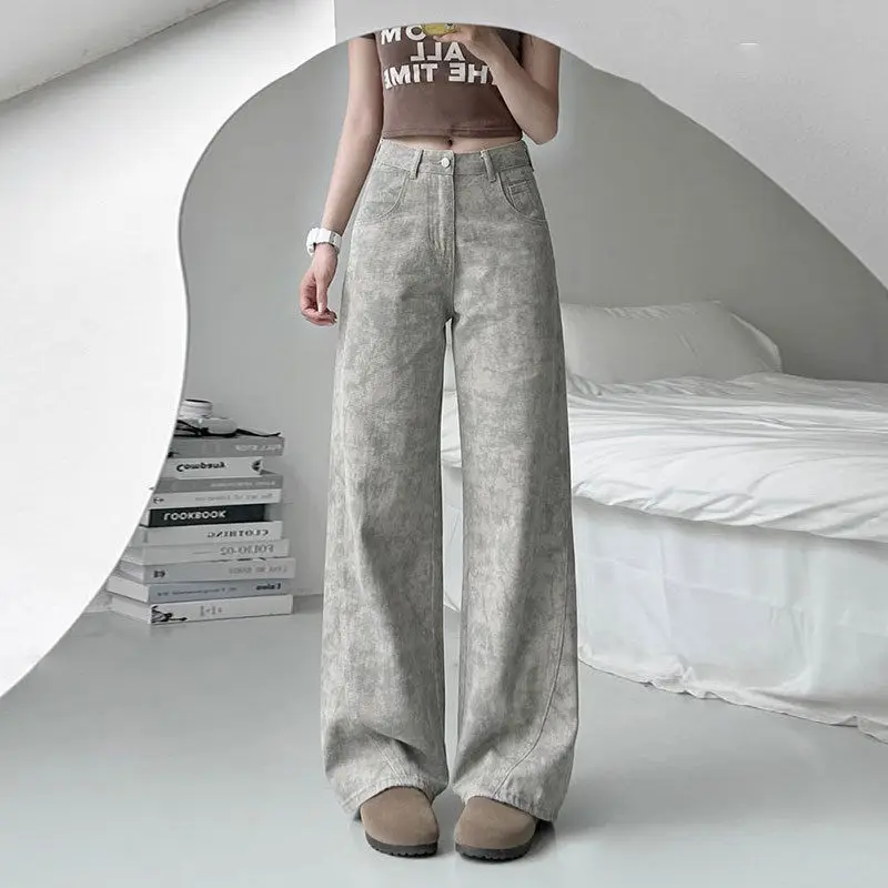 

Women's Y2K American Style Slimming Tie Dye Print Wide Leg Jeans Loose Straight Leg Pants Fashionable Ladies Denim Trouser
