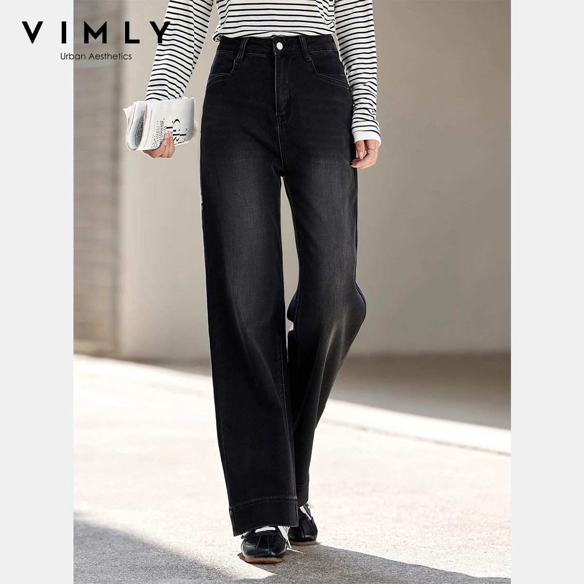 VIMLY Women's Black Pants Loose Vintage Clothing Baggy Jeans Autumn 2025 New Elegant Bleached Wash Button Trousers Ladies 75179