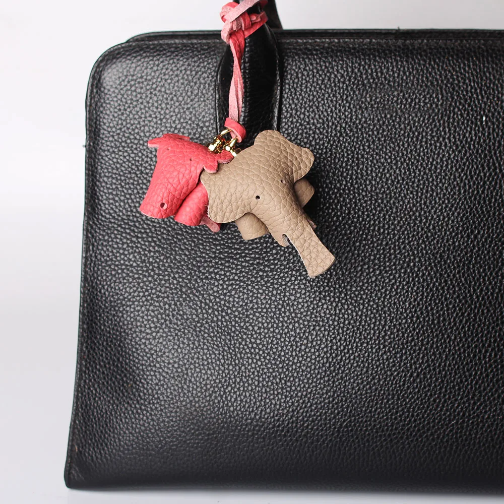 100% Ful Grain Genuine Leather Cute Lucky Elephant Cow Horse Keychain Pendant Animal Key Chain For Men Women Bag Charm Girls