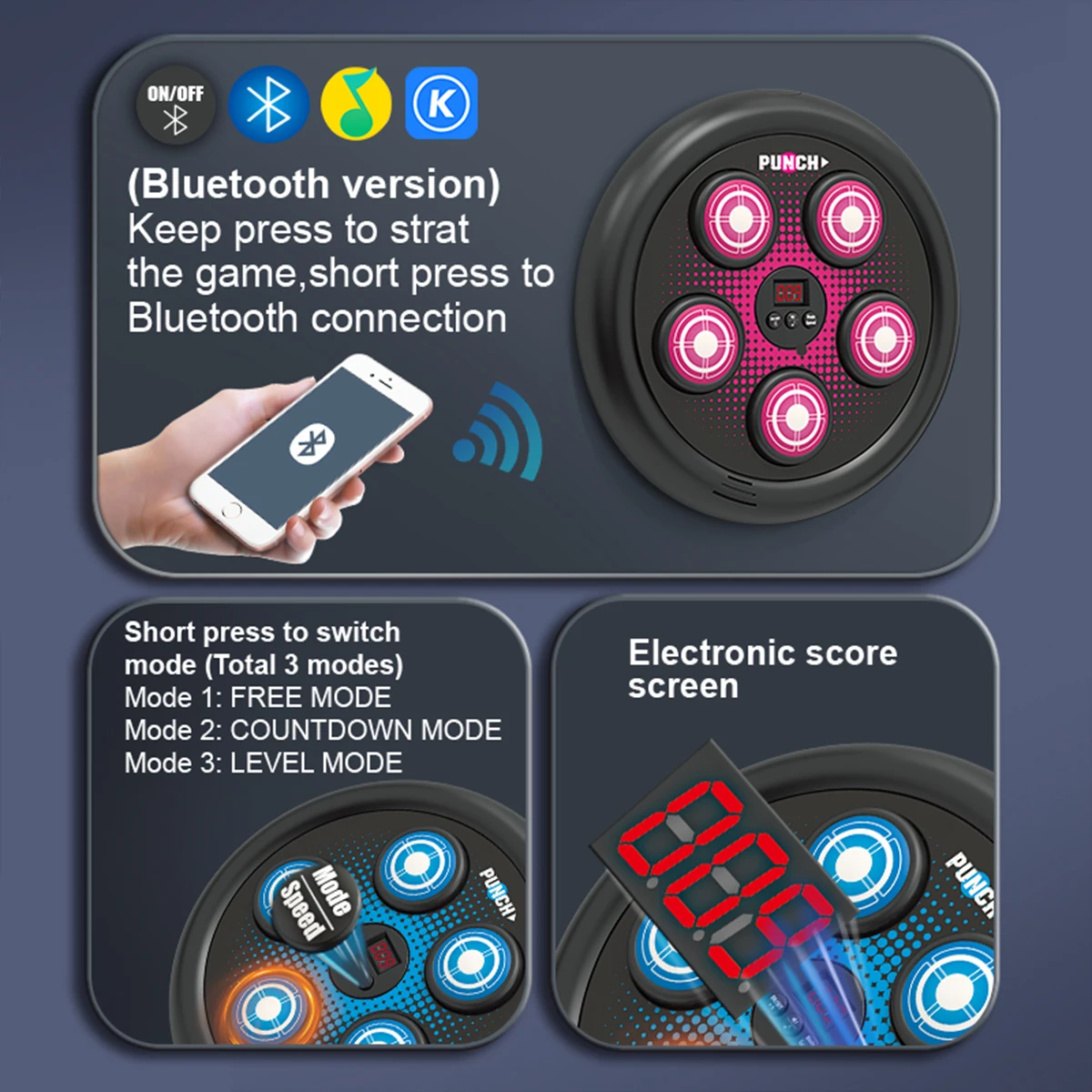 Brinquedos de boxe de música inteligente bluetooth, máquina inteligente contagem automática treinamento de boxe equipamento de perfuração luta fitness