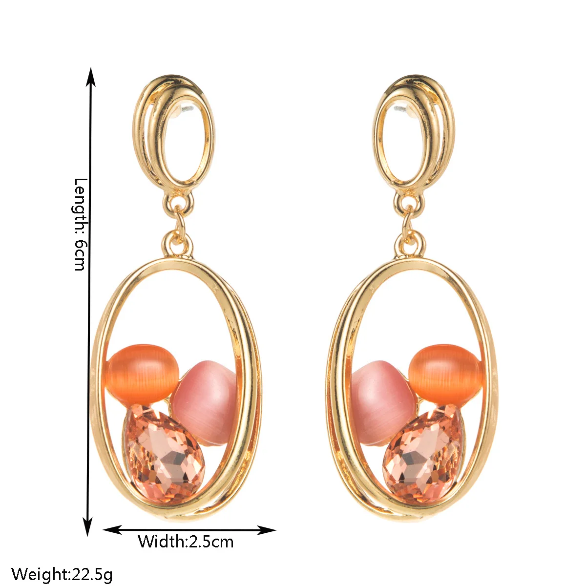 Modern Double Oval Hoop Drop Earrings Bright Green Orange Gem Inlaid Dangling Ear Accessories Fashionable Daily Club Statement