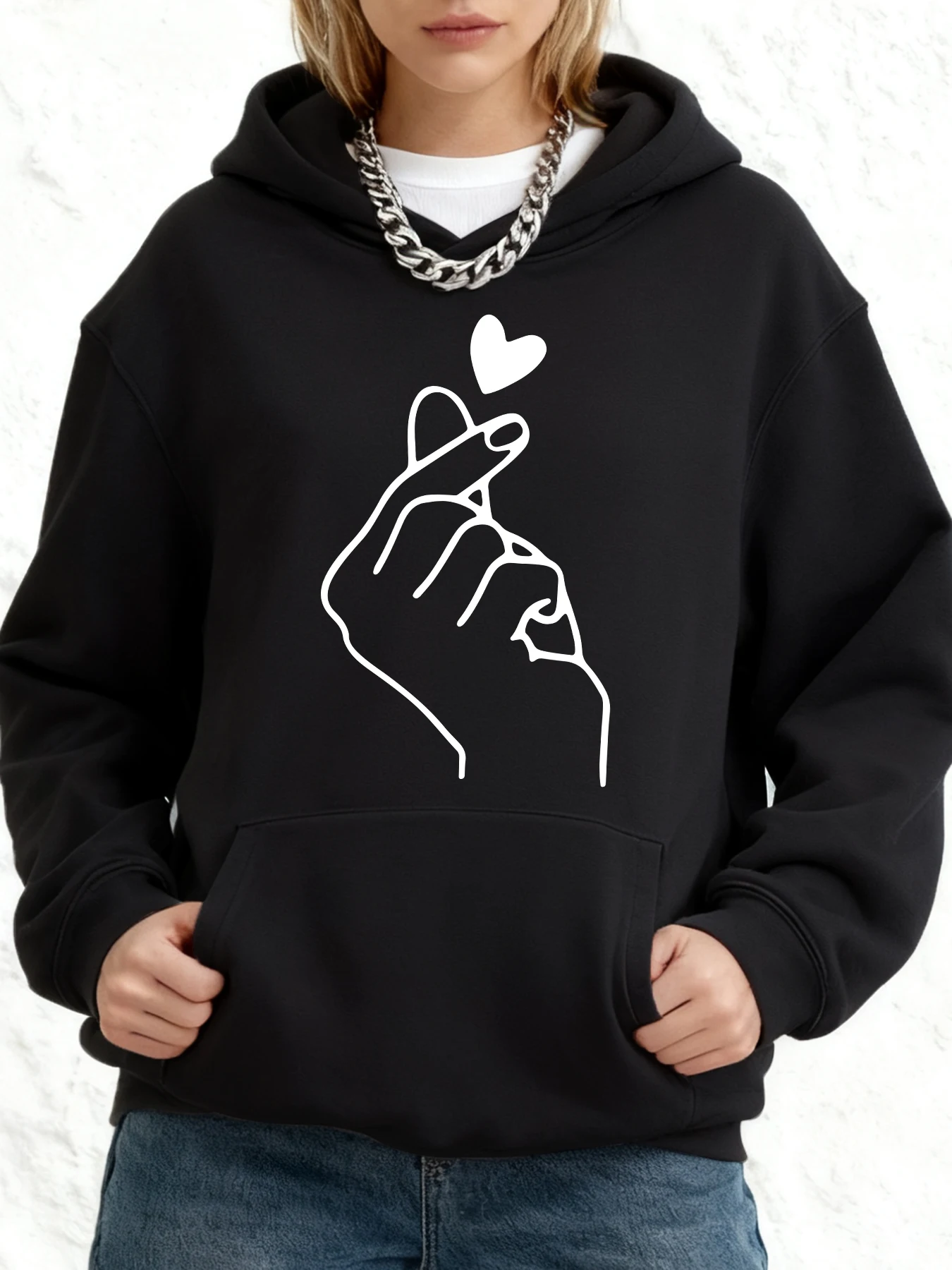 سترة نسائية بغطاء للرأس مطبوعة يدويًا على شكل قلب بسيط للخريف، سترة بغطاء للرأس كبيرة الحجم من القطن ثقيلة الوزن #2