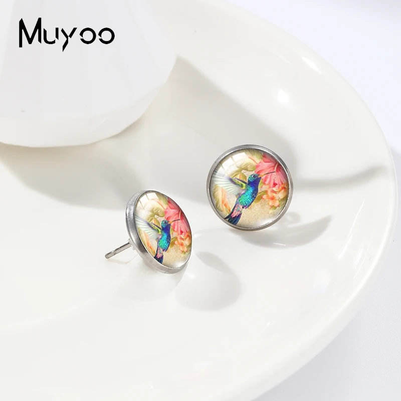 2023 New Arrival Fashion Beauty Birds Hummingbird with Flowers Glass Round Dome Stud Earrings Jewelry Handmade Earrings