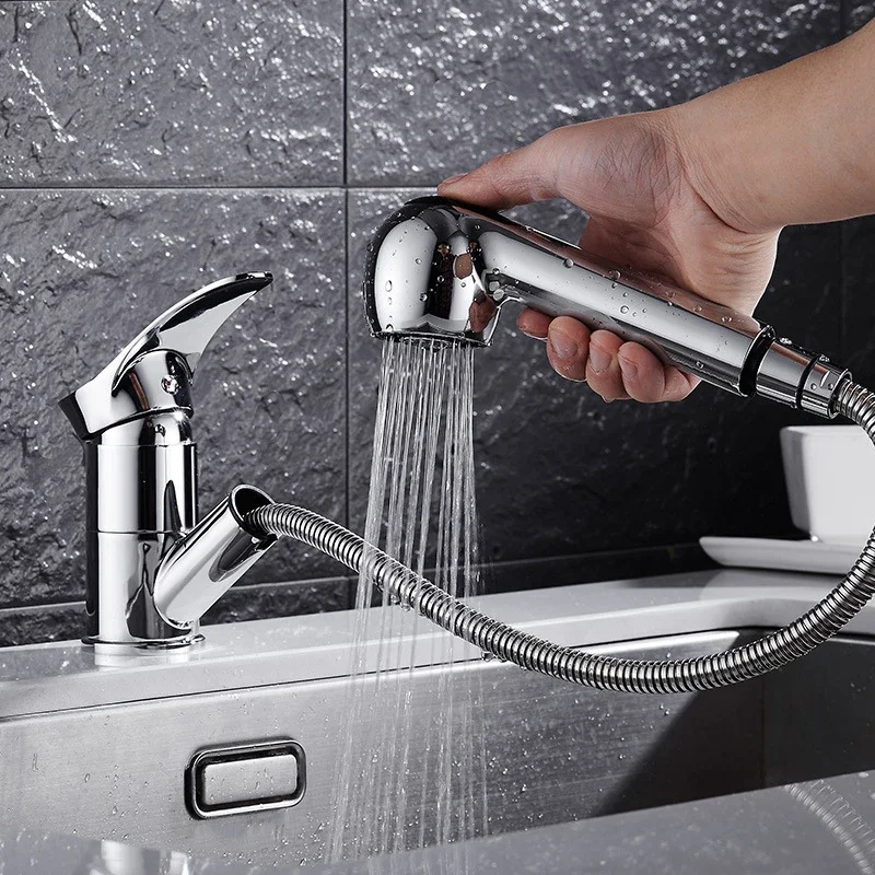 Kitchen Faucet Pull Out Spray Basin Sink Mixer Tap Crane Swivel Spout Single Handle Cold and Hot Water Tap Water Saving Faucet