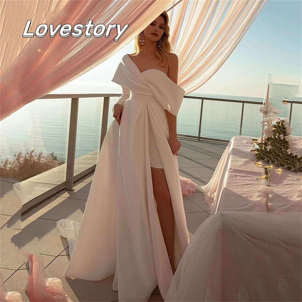 

Ivory Princess Wedding Dresses Satin A Line With Short Skirt Bride Robes Long Train Boho Bridal Gowns Backless Vestidos De Noiva