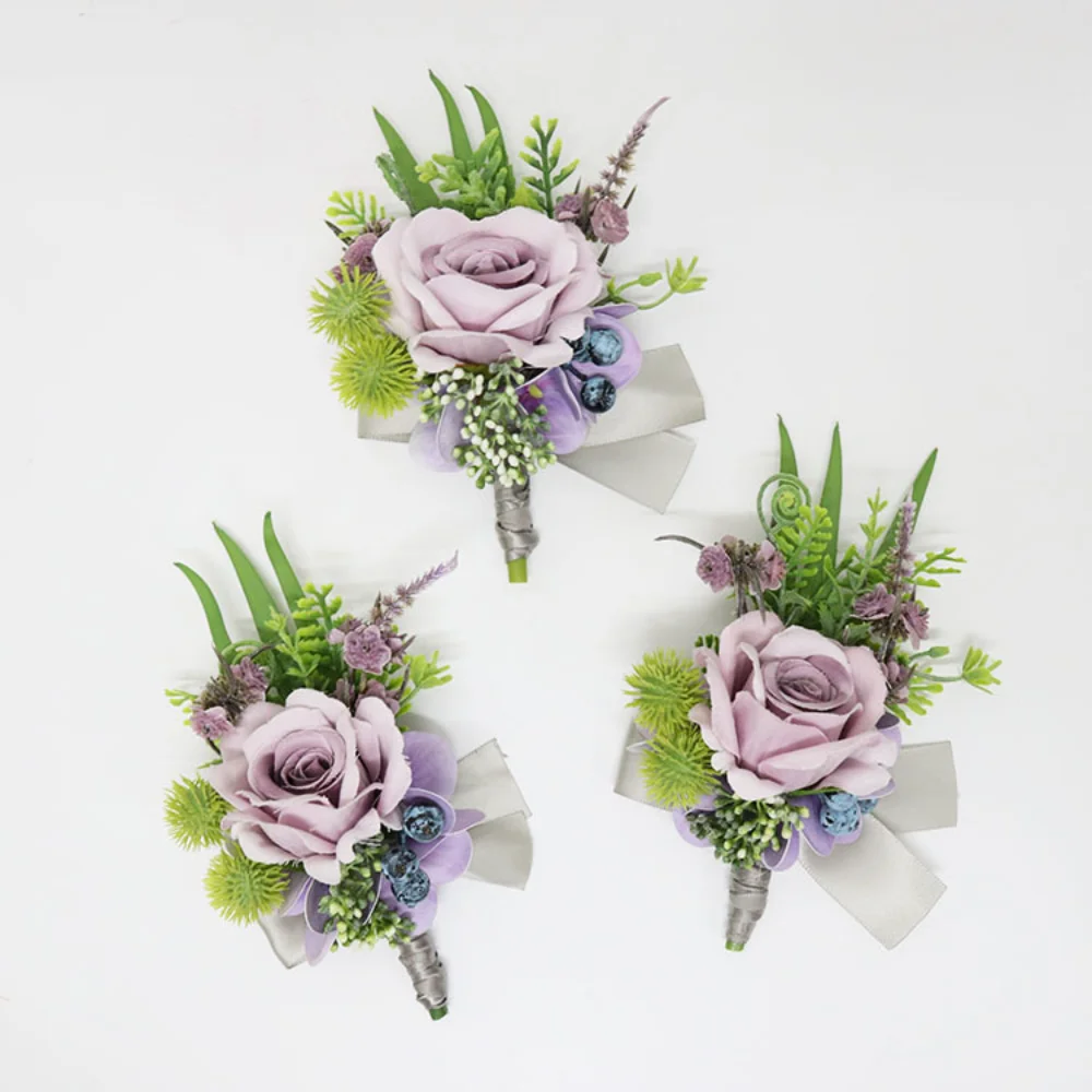 Lavender Flowers Wedding Boutonnier for Guest Pins Silk Rose Mariage Buttonhole Lapel Accessories Flowers Table Prom Decoration