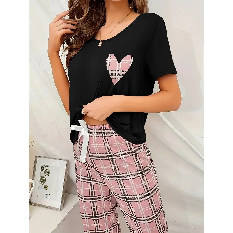 

Stylish Women's Pajama Set Summer Comfort Sleepwear Short Sleeve Alphabet Butterfly Print Breathable Fabric Simple Design