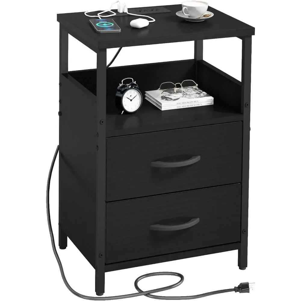 

End Table with Charging Station, Nightstand with Fabric Drawer, Small Side Table for Small Spaces, Black Bedside Tables