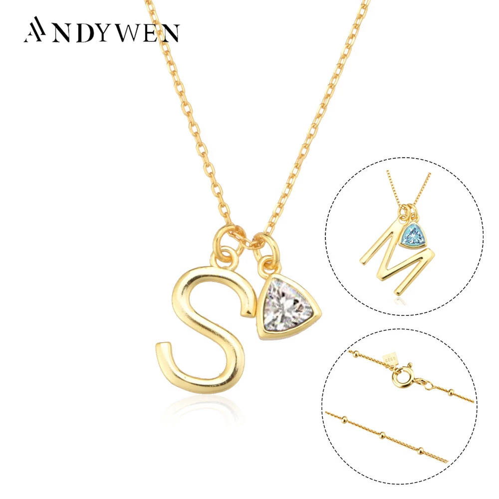 ANDYWEN 925 Sterling Silver Gold Initial & Birthstone Charm Necklace Accessories Long Chain Letter Zircon Pendant Jewelry Women