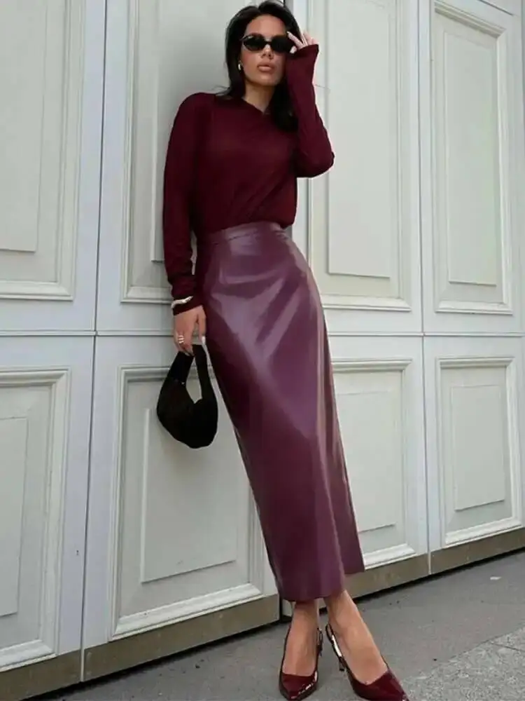 

Women Elegant Burgundy Skirt High Waist Slim Fashion Slit Long Skirts Female Party Slim Club Sexy Vintage PU Skirts red WQR8
