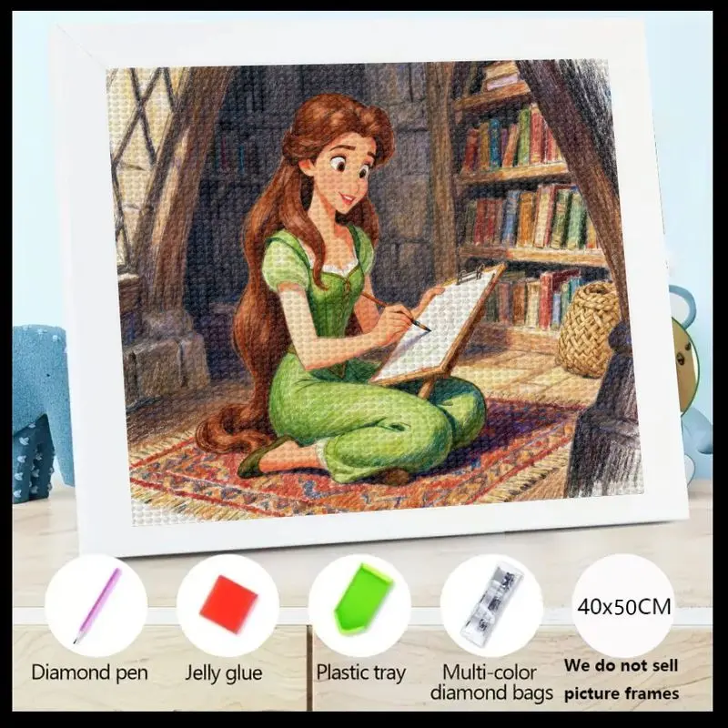 

5D DIY Набор алмазной живописи, полная дрель, мультяшная принцесса для девочек, чтение и эскизы в уютной библиотеке, 40x50 см, настенное искусство в стиле фэнтези для