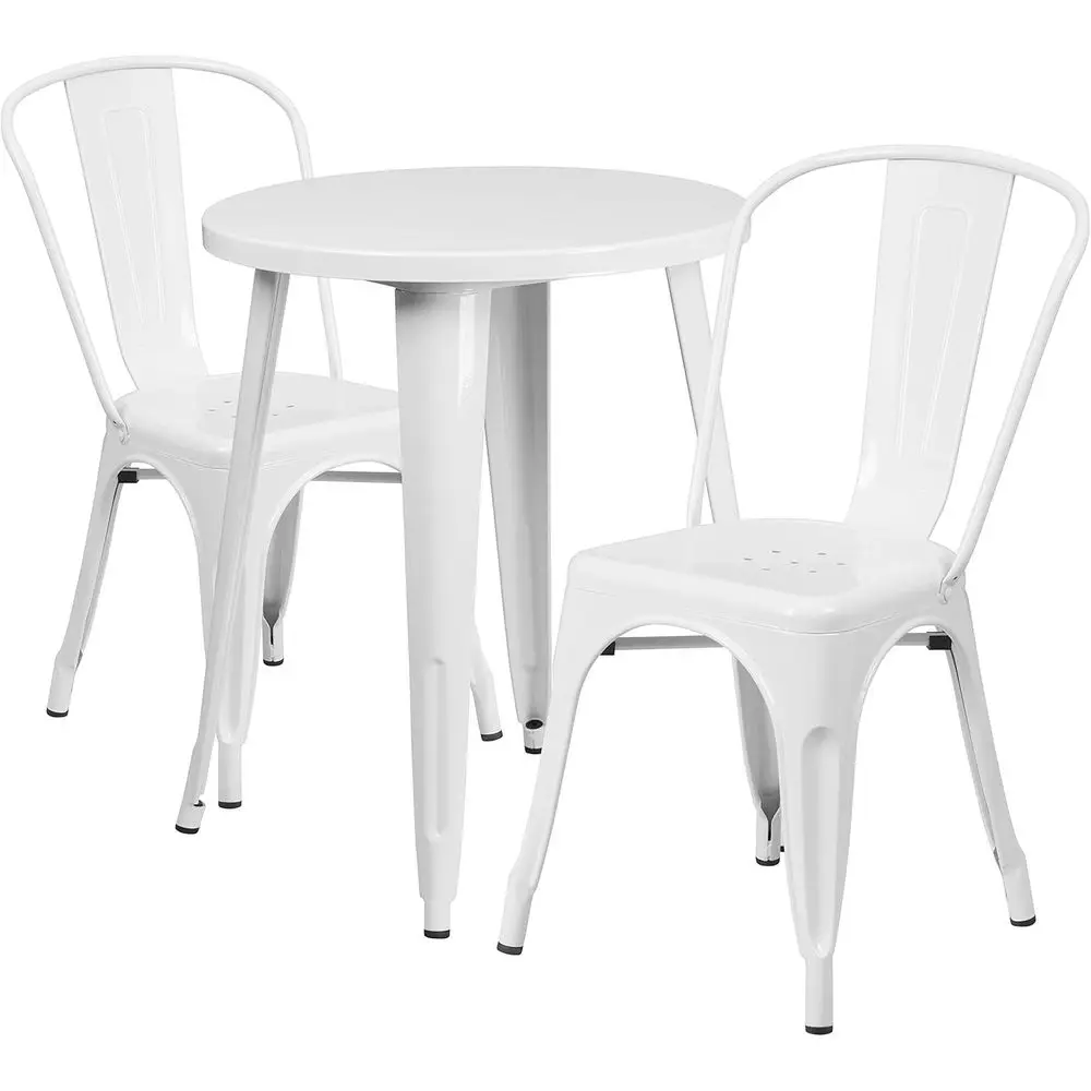 24 Round White Metal Indoor-Outdoor Table Set with 2 Cafe Chairs