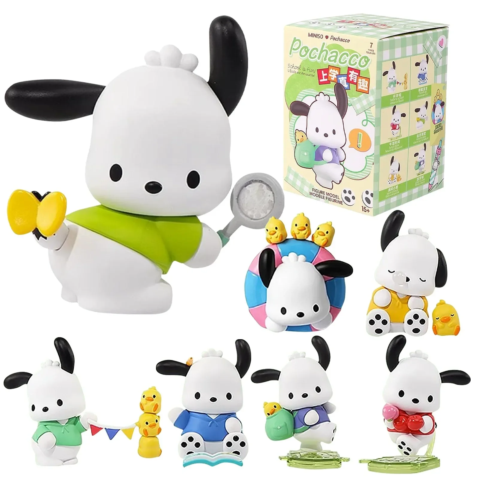 MINISO Genuine Sanrio Pochacco School Is Fun Series Blind Box Super Cute Fashion Toys Action Figurine Office Model Dolls