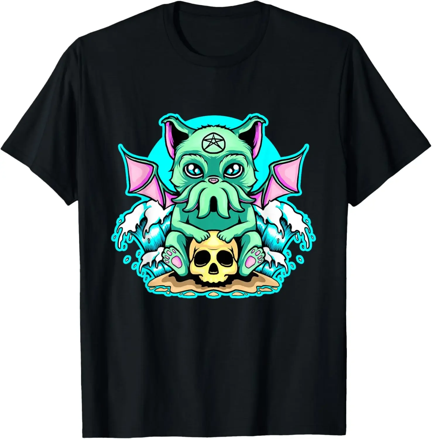 

Cute Kitten Pentagram Skull Graphic Tee Soft Cotton Round Neck T-Shirt For Men