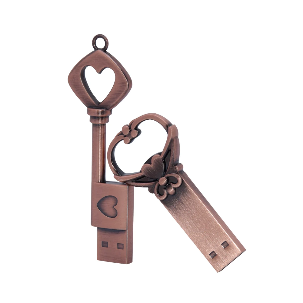 Metal Copper Love Heart Shape Usb Flash Drive Memory Stick Hearts Pendrive 4GB 8GB 16GB 32GB 64GB Wedding Gift U Disk DIY Logo