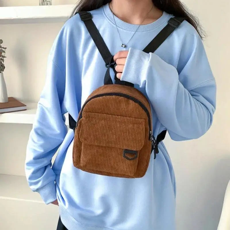 Women\'s Mini Backpack Fashion Solid Color Corduroy Small Simple Casual Traveling Large Capacity Durable Female\'s Schoolbag