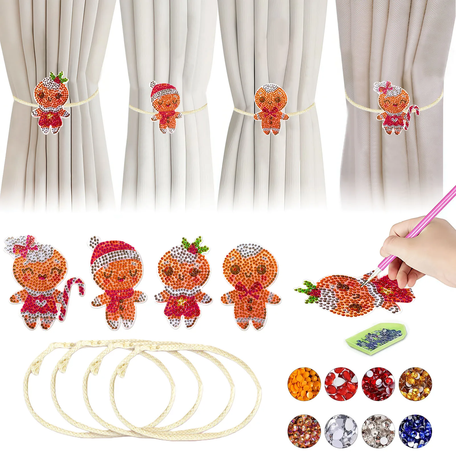 4-Piece Diamond Painting set curtain rope Christmas theme acrylic Material home living room window Decoration, Christmas gift
