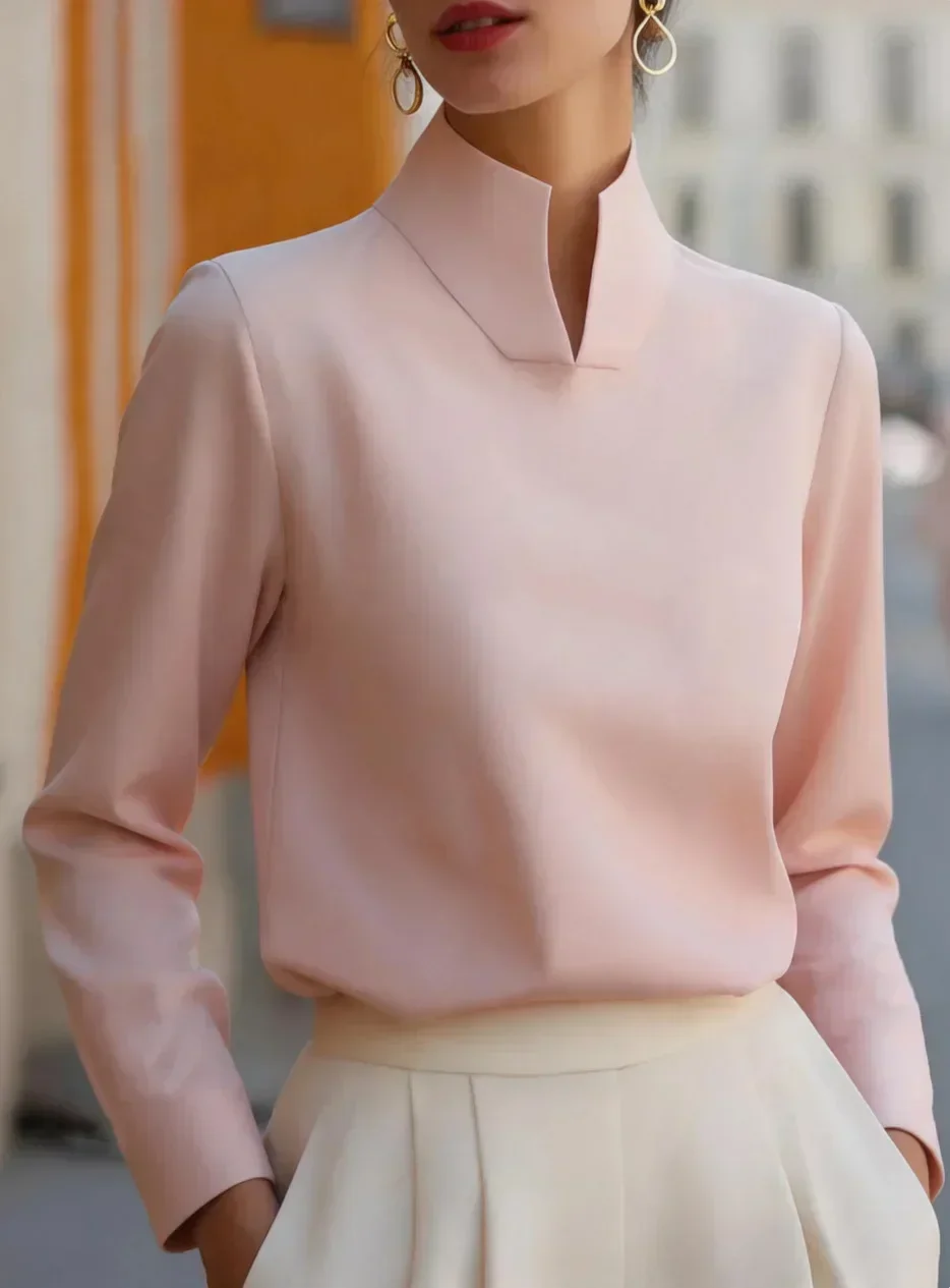 Damen Bluse mit Stehkragen und langen Ärmeln, elegantes Business- und Alltags-Hemd – Detail 4