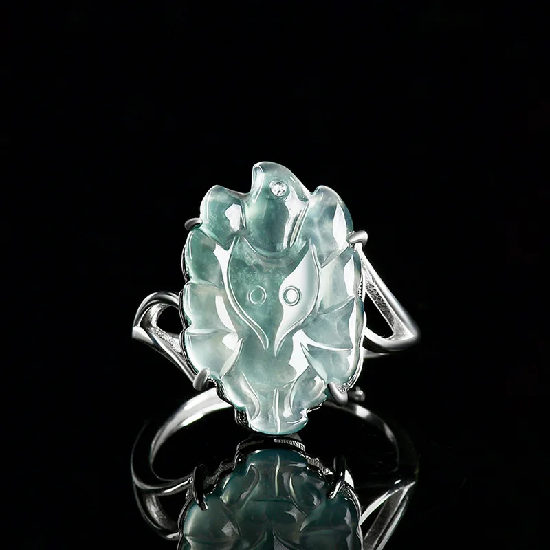 Myanmar Jadeite Nine Tailed Fox Rings Talismans Carved Gemstone Designer Real Jewelry 925 Silver Natural Burmese Jade