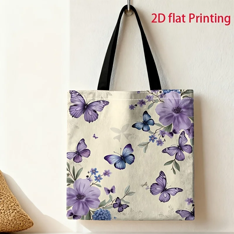 Purple Butterfly Floral Pattern Handbag, Elegant Daily Commute Printed Fashion Bag, Large Capacity Women's Tote Bag, Shoulder Ha
