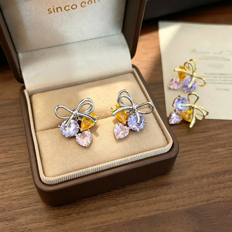 

Retro Zircon Grape Cluster Earrings Bow Knot Drop Earrings Korean Style Shiny Delicate Women Jewelry