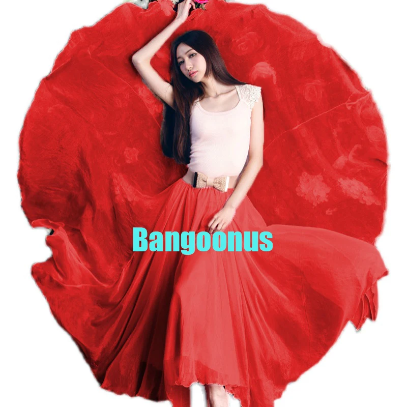 

New Belly Dance 720 Degree Gold Silk Pearl Chiffon Skirt Dancer Big Red Classical Dance Skirt Square Dance Performance Skirt