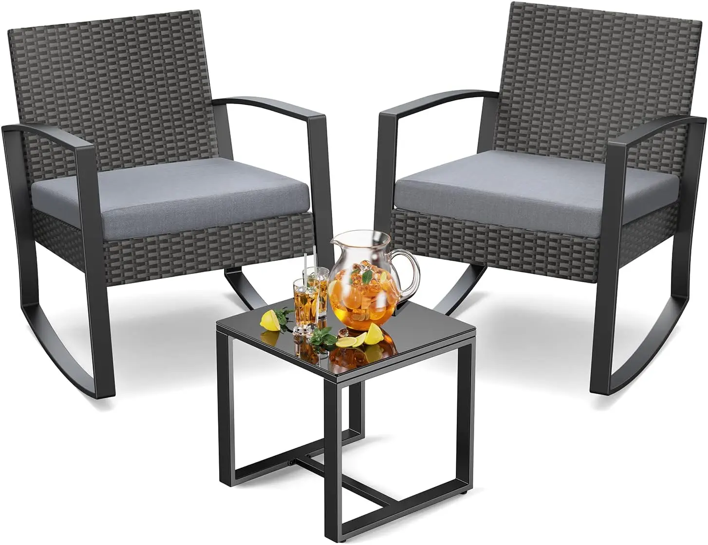 3 Piece Wicker Patio Furniture Set, Outdoor Rocking Chairs, Outdoor Furniture with Table & Cushions