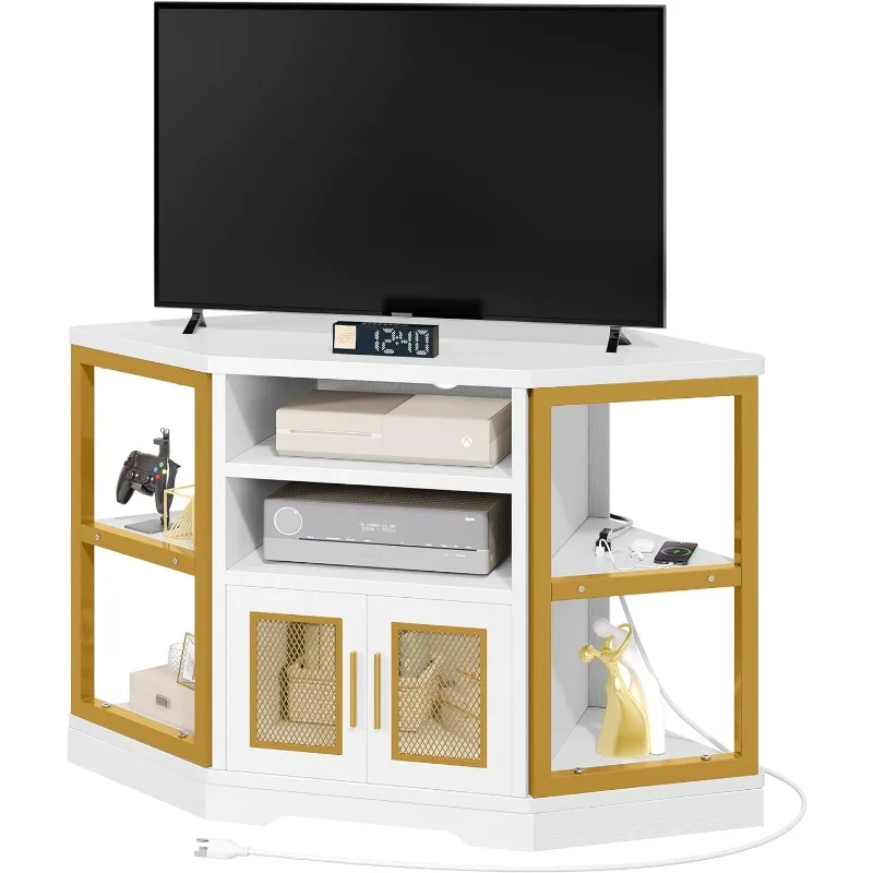 Corner TV Stand for TVs up to 55 Inch with Power Outlet, Modern Farmhouse Entertainment Center, Wood TV Media Console