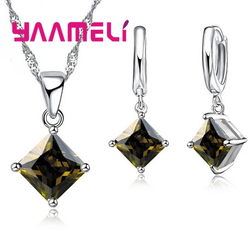 New Arrival 925 Sterling Silver Women Accessories Earrings Jewelry Set With Square Shinny CZ Necklace