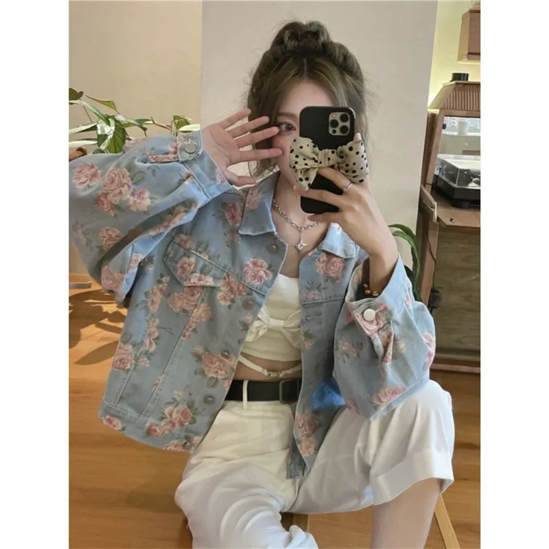 Cappotto di jeans da donna lavato monopetto Giacche con stampa Colletto rovesciato Capispalla a maniche lunghe Nozioni di base larghe Tasche Bottoni