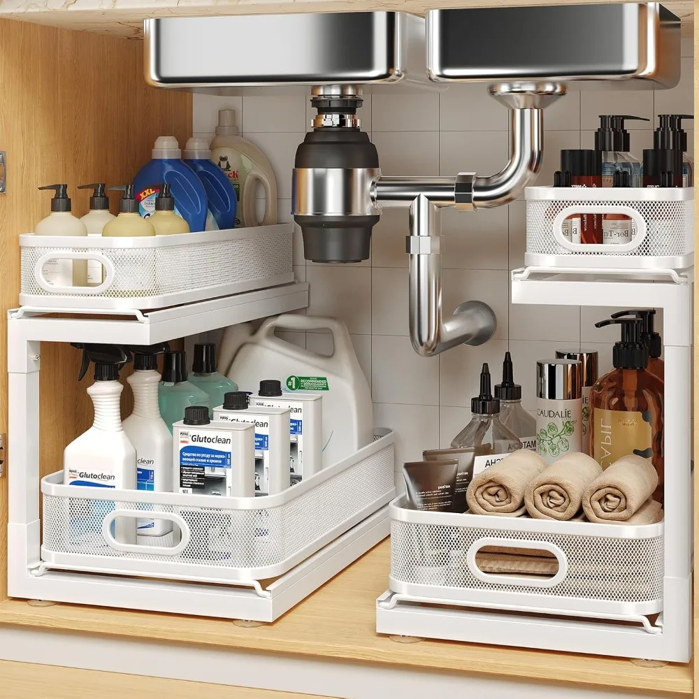 

2-Pack Under Sink Storage Organizer with 2-Tier Slide Out Drawer, Sophisticated Mesh Pull Out Shelf for Kitchen & Bathroom,