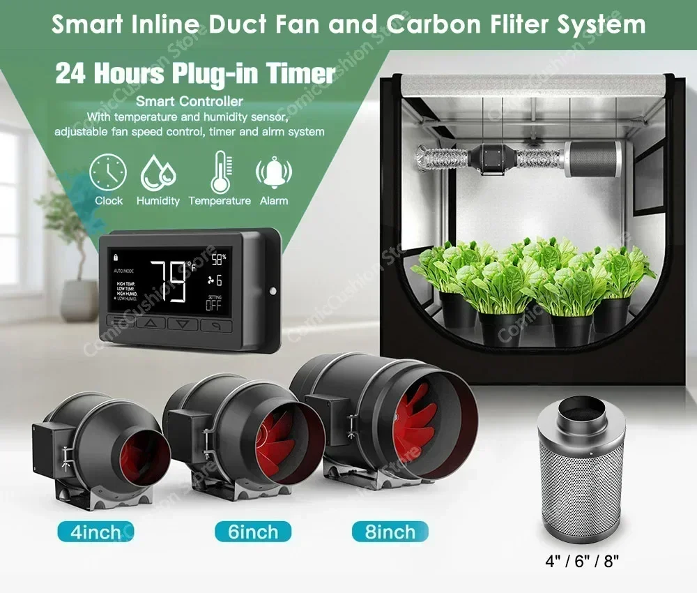 WIFI APP Controller EC Motor Blower Exhaust Fan Carbon Filter Air Filtration Combo for Heating Cooling Grow Plant Tents