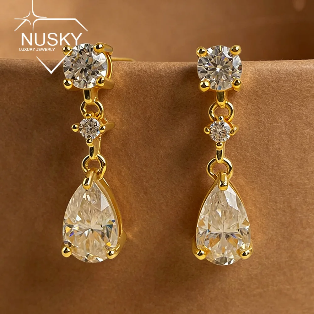 18K Gold Plated 2.66cttw Full Moissanite Drop Earrings for Women Pear/Round Cut Lab Diamond 925 Sterling Silver Wedding Jewelry