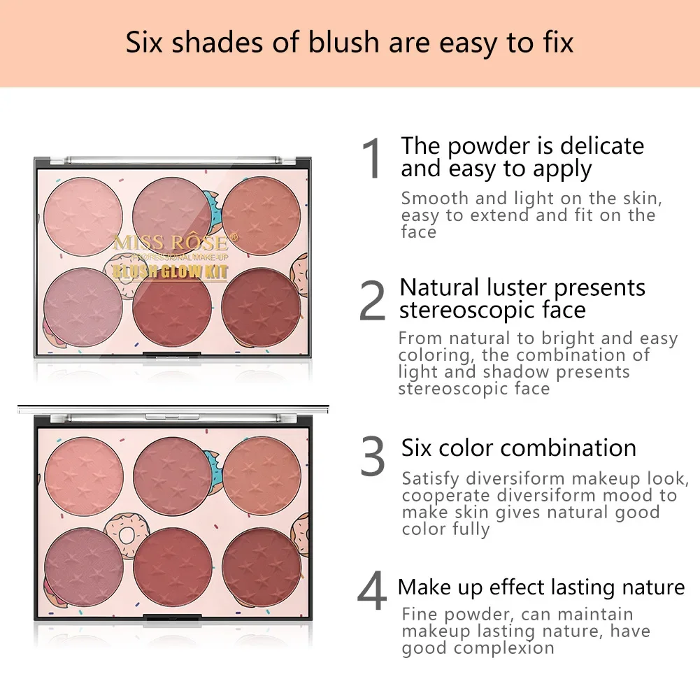 MISS ROSE 6 Color Natural Nude Face Blush Palette Makeup Sheer Coverage Blushe Baked Minerals Lightweight Blusher Plate Cosmetic